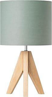 EDISHINE 36cm Bedside Lamp, Wood Tripod Table Lamp with Bean Green Linen Lampshade, ON/Off Switch, Desk Lamp for Living Room Bedroom, E27 Base, 2700K LED Bulb Included