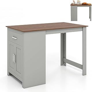 Rectangular Bar Table, Counter Height Table with Drawer, 3-Position Adjustable Shelf & 2 Doors, Wide Tabletop Wooden Dining Table for Home, Kitchen and Living Room (Grey)