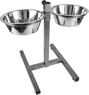 Dog Elevated Food Bowl Holder Set - Raised Cat Feeding Station Stand - Adjustable Height Pet Double Feeder - 2 Stainless Steel Water Bowls (Large)