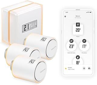 Netatmo Pack of Smart Thermostat + 3 Intelligent Connected Radiator Valve, Thermostatic Heads, Wifi, Remote Control via App, Compatible with Individual Heating, NBU-NTH-NAV-EU