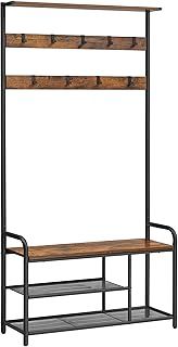 VASAGLE Coat Rack Stand, Hall Tree with Bench and Shoe Storage, 9 Removable Hooks, Shoe Rack, Shelf, 30 x 85 x 180.5 cm, for Hallway, Bedroom, Apartment, Industrial, Rustic Brown and Black HSR409B01