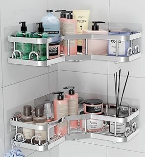 Corner Shower Caddy – 2 Pack Rustproof, Bathroom Corner Shelves, No-Drill Adhesive, Suction for Accessories and Storage, Silver