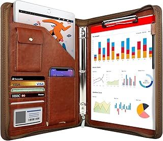 WRIYES Zipped Portfolio Folder a4, Leather Padfolio with 3 Ring Binder, Professional Conference Folder, Personal Work Organiser, Travel Document Holder (Brown)
