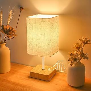 Jayencer Touch Control Table Lamp,Dimmable Touch Control Nightstand Lamp,Bedside Touch Lamp with Wood-Grain Base ＆ Beige Fabric Shade for Bedroom Living Room Children's Room,Bulb Included