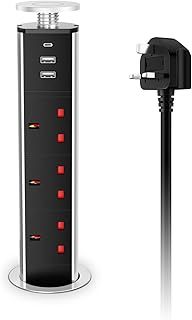 Pull Pop Up Sockets for Kitchen Worktops, HANNELORE Pop Up Power Socket with USB C PD20W, Hidden Recessed Desk Power Strip with USB, Worktop Socket 3 Outlets, 13A/3250W, 60MM Hole