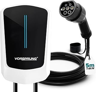 VORSPRUNG® Titan EV WallBox Type 2 Wall Charging Unit 32Amp 7.4kw 5.2m Cable IP55 | Indoor/Outdoor, O-Pen and DC Leakage Protection EV Vehicles & Tesla Charger Designed in UK (White with 5.2M Cable)