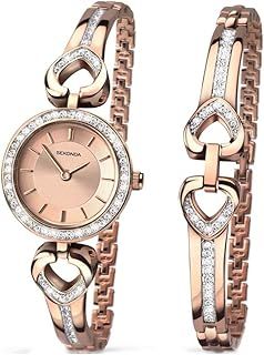 Sekonda Womens 26mm Classic Analogue Rose Gold Stone Set Bezel Watch with Heart Shaped Bracelet Gift Set