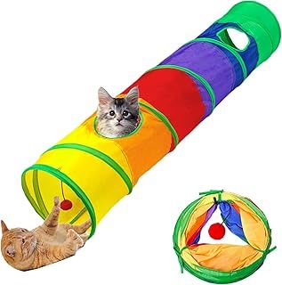 Aokuy Cat Tunnel and Cube Pop Up Collapsible Kitten Indoor Outdoor Toys - With 2 Holes and Play Ball for Puppy, Kitty, Rabbit
