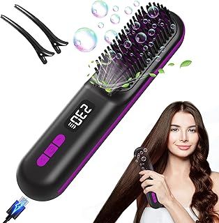 Cordless Hair Straightener Brush, Plasma Dense Hot Comb 9 Temps Fast Heating, 10000mAh USB Rechargeable, Anti-Scald