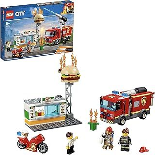 LEGO 60214 City Burger Bar Fire Rescue Set with Truck and Motorbike Toy Vehicles and Firefighter Minifigure, Gifts for 5 Plus Years Old Boys & Girls