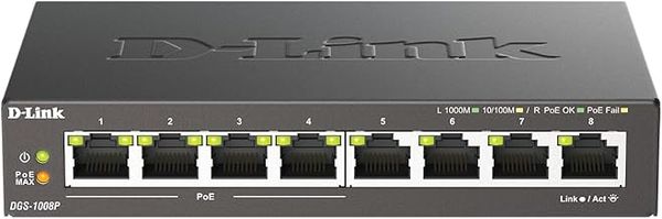 D-Link DGS-1008P 8-Port Gigabit Unmanaged Desktop PoE Switch, 80W Power Budget, Metal, Fanless, Black