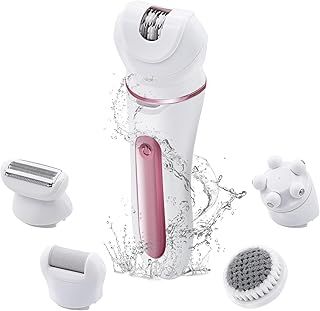 Mcbazel Cordless Epilators for Women, 5 in 1 USB Rechargeable Hair Remover,Electric Lady Shaver with Facial Cleansing/Massage Head/Callus Remover Fit for Face,Legs,Arms,Armpit,Bikini - Pink/White