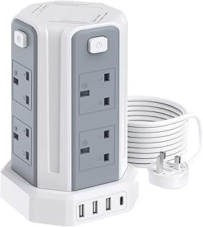 Tower Extension Lead, (3250W 13A) Extension Tower 8 AC Outlets & 4 USB Ports, Surge Protection Extension Lead with 4 Independent Switch, 17W USB C Ports Extension Cable 3M for Office, Home, Kitchen