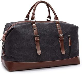 TILEMALL Oversized Canvas Holdall Travel Carry On Duffel Bags Plus Handbag Shoulder Bag Crossbody Overnight Weekend Bag Unisex Travel Holdall Handbag with PU Leather Handle (Black)