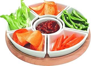 apollo THE HOUSEWARES BRAND Rotating Lazy Susan Dip Set - Hevea Wood with 6 Ceramic Dishes - Size 35cm - Light Brown / White Ceramic Dishes