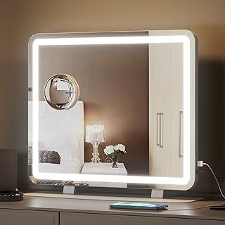 Mondeer Hollywood Vanity Mirror with Lights, 60x50cm Large Makeup Mirror, 3 Color Lighting Modes, Type C and USB Output Port, Tabletop and Wall Mounted Makeup Mirror, White