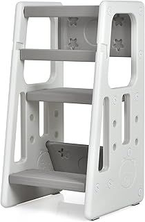 COSTWAY Kids Step Stool, Height Adjustable Toddlers Kitchen Helper Stand with Double Safety Rails, Standing Learning Tower for Boys Girls (Grey)