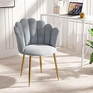 Armchair Tub Chair, Velvet Vanity Chair Shell Accent Chairs with Gold Plating Metal Legs, Leisure Single Sofa Dressing Chairs for Home, Office, Bedroom, Living Room, Dining Room (Gray)