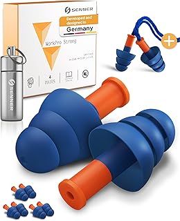 WorkPro Strong | Earplugs for Work – Ideal for Loud Noise Sources – Hearing Protection at Work and at Home – with 3 Extra Pairs, Nylon Cord, and Aluminum Container