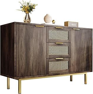 ModernLuxe Sideboard Storage Cabinet with 2 Doors and 3 Drawers, Metal Lattice Decoration, Living Room Cabinets with Metal Handles, Vintage Wood Grain Chest of Drawers, Dark Brown, 120x40x76cm