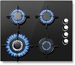 SNDOAS Gas Hob 4 Burners, NG/LPG Convertible, Built-in Black Glass Gas Hob with Wok Burner, Flame Failure Protection, 8000W