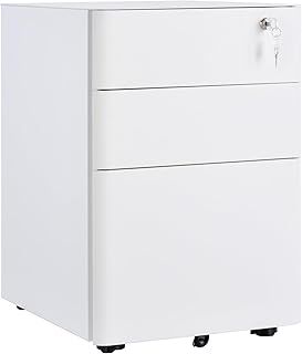 Vinsetto 3-Drawer Mobile Filing Cabinet, Steel Lockable File Cabinet for A4, Legal, Letter, Compact Under Desk Storage Unit with Pre-Assembled Body Except Wheels for Home Office, 39 x 48 x 59cm, White