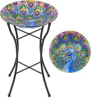 CHRISTOW Glass Bird Bath For Garden Patio With Metal Stand Hand Painted Peacock