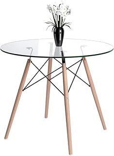 Jooli H Round Dining Table, 90cm Glass Table with Solid Beech Legs for Dining Room Kitchen Office Bistro