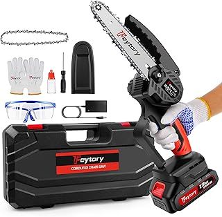 Huini Mini Chainsaw Cordless 6 Inch with Large LI-ion Battery, Powerful Electric Chainsaw with 2 Chains and Security Lock,Handheld Small Chain Saw for Wood Cutting Tree Trimming Gardening,Red
