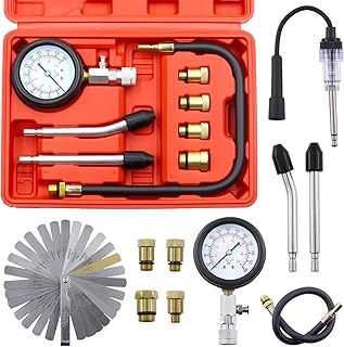 Swpeet 10Pcs Automotive Compression Tester Kit and Spark Plug Tester with Steel Metric and Imperial Feeler Gauge Assortment Kit, Universal Car and Motorcycle Engine Testing Tools