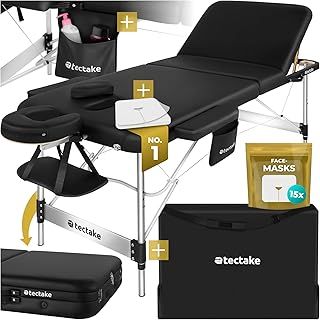 3-Zone Massage Table with Sturdy Aluminium Frame, Foldable Massage Bed with Thick Foam Padding, Oil- & Water-Resistant Cover, Adjustable Spa & Beauty Bed, Incl. Carry Bag & Face Masks - Black