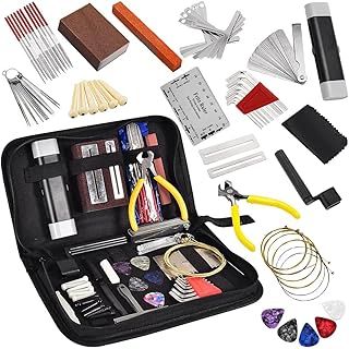 Replacement Accessories 72Pcs Guitar Tool Kit Repair Maintenance Tools String Action Ruler Guitar Bridge Pins Strings Picks with Carry Bag