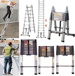 5M Multi-Purpose Folding Telescopic Ladder Extension Portable Loft Ladder Stainless Steel 2.5M+2.5M A Frame Foldable Ladder 16 Steps Collapsible Extendable Ladder, Max Load 150kg/330lbs
