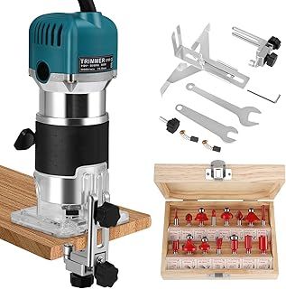 Palm Router Tool, 800W 30000Rpm Woodworking Hand Router with Trimmer Base & 15Pcs 1/4"(6.35mm) Router Bits Set, 6 Variable Speeds Handheld Wood Trimmer Router with Straight Guide, 220V