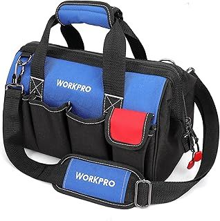 WORKPRO 14-inch, Small Tool Bag Organiser, Multi-Purpose Wide Open Mouth Storage Bag, Waterproof Electricians Tool Bag with Adjustable Shoulder Strap