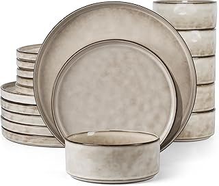 Homikit Dinner Sets for 6 People, 18-Piece Dinnerware Reactive Glaze Stoneware Set, Round Plates and Bowls for Home Kitchen, Chip & Scratch Resistant, Dishwasher & Microwave Safe, Retro Desert Khaki