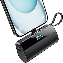 Mini Portable Charger for iPhone, 5500mAh Power Bank with Built in USB C Charging Port, 20W PD Fast Charging Battery Pack with 2 Output Compatible with iPhone 16/15/14/13/12/11/X Samsung-Black