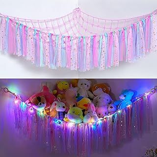 MHJY Toy Hammock Stuffed Animals Storage Net Soft Cuddly Toys Large Corner Hanging Net With LED Light Hand Woven Plush Macrame Organizer with Tassel for Kids Bedroom Nursery