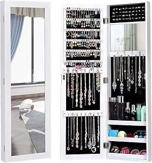 COSTWAY Jewellery Cabinet Armoire, Door Hanging/Wall Mounted Jewelry Organiser with Full Length Mirror and Built-in Makeup Mirror, Home Bedroom Dressing Cosmetics Jewellery Storage Unit Gift (White)