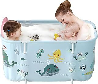 Portable Foldable Bathtub for Adults,120X50X55cm Freestanding Soaking Bathtub with Cushion and Backrest,Hot Bath Ice Bath SPA Tub for Shower,Folding Bathtub for Adults Kids,Ocean Style
