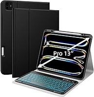 JUQITECH iPad Pro 13 Inch Case with Keyboard M4 2024, iPad Pro 13 Keyboard Case, 7Colors Backlit Bluetooth Removable Keyboard Soft Protective Folio Tablet Case Built-in Apple Pencil Pro Holder, Black