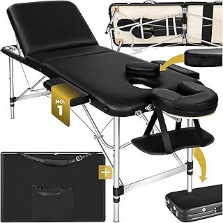 TecTake Lightweight Portable Massage Table, Comfortable 3 section Padded Folding Spa Bed, adjustable massage bed including accessories, aluminium headrest, armrest and storage bag - black