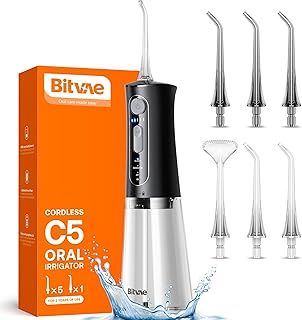 Water Dental Flosser for Teeth Cordless, Water Teeth Cleaner Picks for Cleaning with 3 Modes & 5 Intensities, Oral Irrigator with 6 Jet Tips, IPX7 Waterproof, USB Rechargeable, Black