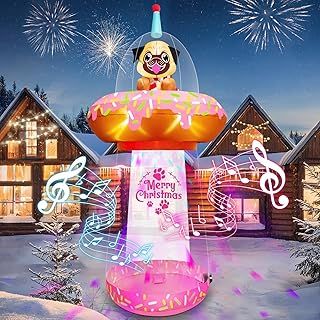 Kalolary 9.5 Feet Christmas Inflatables UFO with Music, Giant Christmas Inflatable Donut with Dog Blow up Xmas Outdoor Indoor Decoration for Shopping Mall Home Lawn Garden Holiday Party
