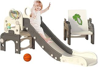 Kids Slide,4 in 1 Multifunctional Slide for Kids,Freestanding Slider Playset with Basketball Hoop and Ball, Kids Table and Chairs and Early Childhood Education Machine,Indoor & Outdoor Play Equipment