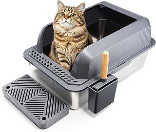 XXL Stainless Steel Litter Tray, Extra Large Box 62×42×31cm High Sided With Lid, Scoop & Mat for Large Medium Cats - Grey
