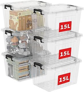 Cetomo 15L*6 Storage Boxes with Lids, Plastic Storage Bins with Latching Buckles, Click Closure, Stackable, Nestable, Clear Organizer for Home Office Clothes, Transparent, 15L-6 Pack