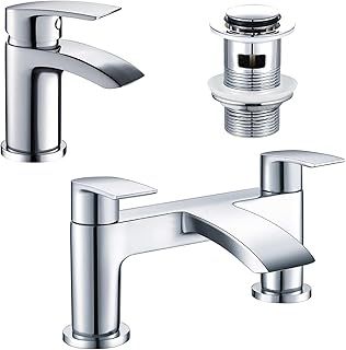 Hapilife Bath Tap and Basin Mixer Tap Set with Slotted Pop up Waste Waterfall Bathroom Sink Taps Cloakroom Bathtub Tub Filler Tap Mixers Monobloc Chrome Brass Bathroom Taps Set Click Clack Modern