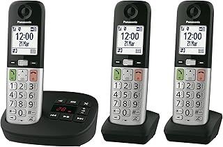 Panasonic KX-TGU433EB Digital Cordless Landline Phone with Answering Machine, Base Unit & 3 Handsets, LCD Display, Fav Call, Torchlight, Hearing Aid Compatible, Black & Silver