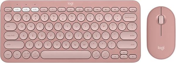 Logitech Pebble Keys 2 K380s, Multi-Device Bluetooth Wireless Keyboard + Pebble Mouse 2 M350s Slim Bluetooth Wireless Mouse, QWERTY UK - Rose
